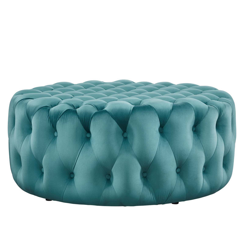 Grand repose-pieds rond en velours Performance, Velours bleu mer