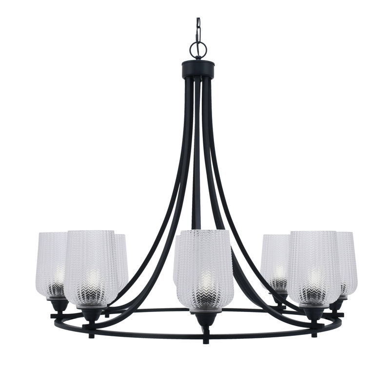 Lustre 8 lumières avec verre texturé transparent Paramount, Grainé transparent, Noir mat
