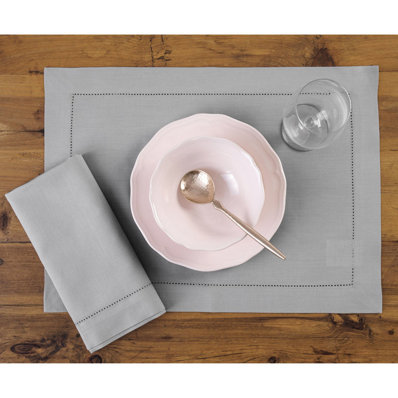 Cotton Linen Hemstitch Dinner Napkins, Light Grey