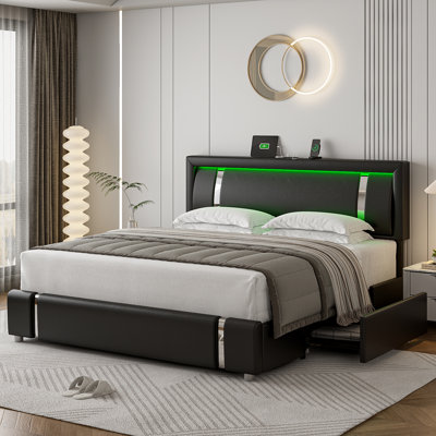 Barbuto PU Low Profile Storage Bed Frame with Lighted Headboard, USB Ports and 2 Drawers