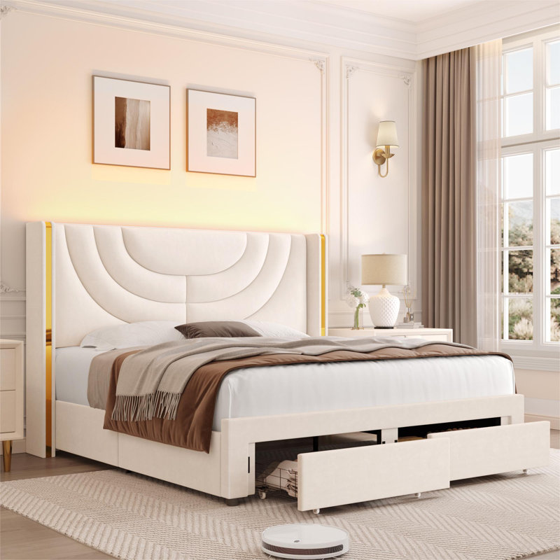 3-Piece Bedroom Set, Storage Bed with LED Light, 2 Nightstands with Charge Station, Queen, Cream