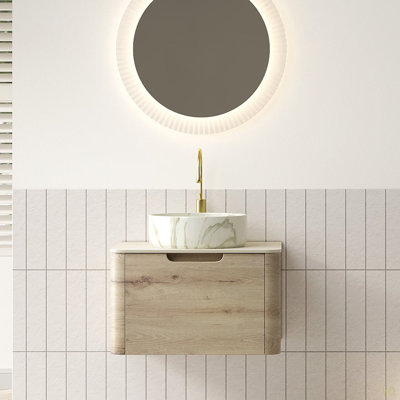 Meuble-lavabo de 24 po avec lavabo, armoire de rangement flottante en contreplaqué avec tiroir, lavabo en céramique à motif de pierre et plateau en pierre à motif de travertin, pré-assemblé