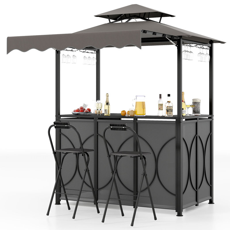 Grill Gazebo With Awning 3-Piece Outdoor BBQ Canopy W/ Bar Table & 2 Foldable Bar Chairs Set