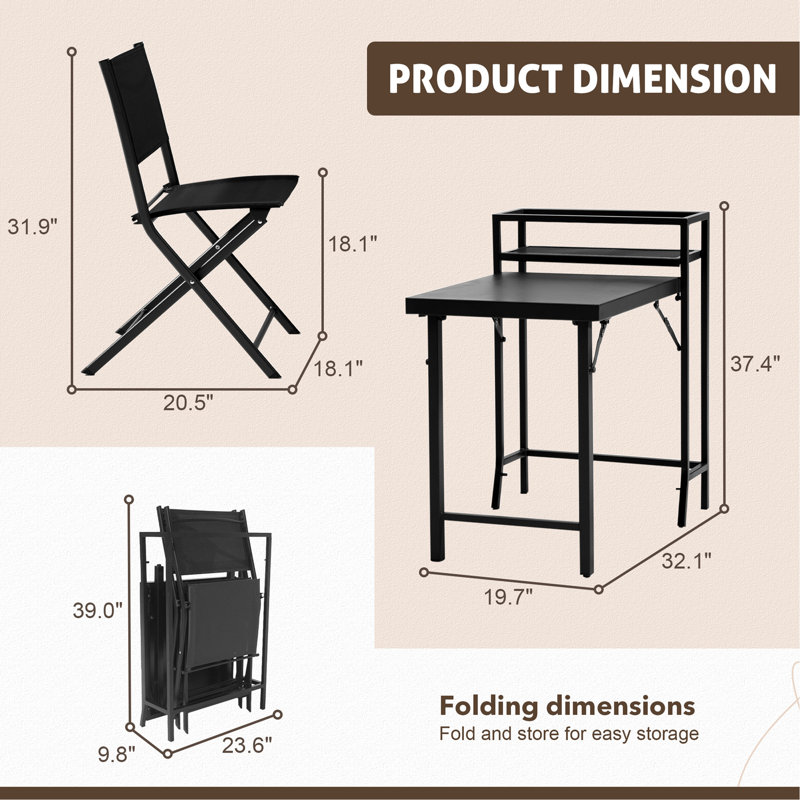 Ensemble de bistro 3 pièces, ensemble de table de patio pliable et chaises, ensemble de mobilier d'extérieur