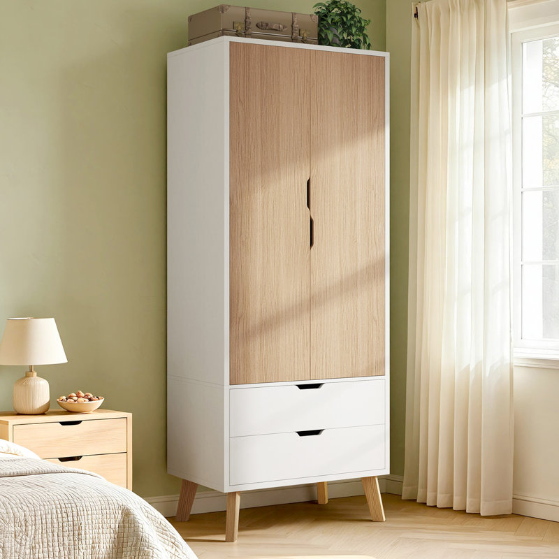 198 cm H Modern 2-Door Wardrobe with 2 Drawers and Solid Wood Legs, White & Natural Wood