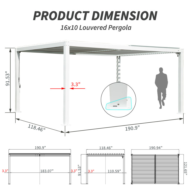 16 ft. W x 10 ft. D Outdoor Aluminum Pergola with Louvred Roof, White