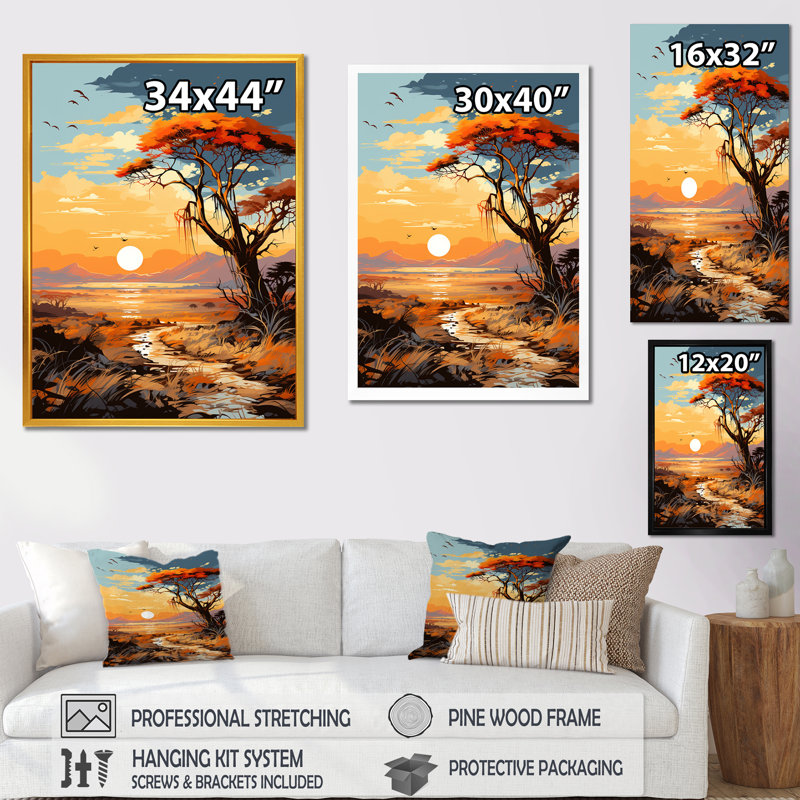 Coucher de soleil africain, savane, harmonie II - arbre, art mural africain, Cadre flottant doré, H 20 po x l 12 po x P 1 po