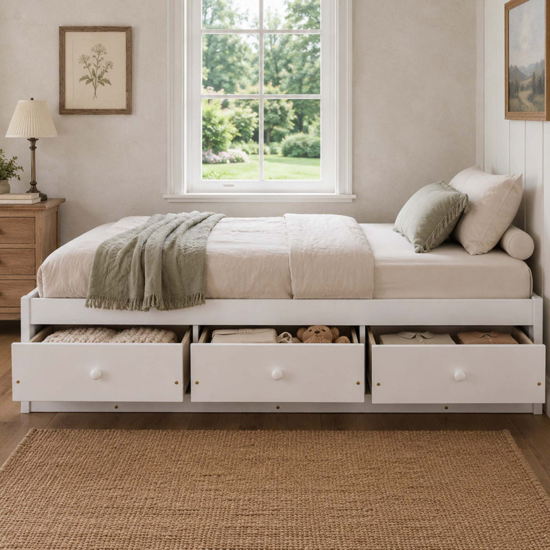Lit standard simple avec tiroirs et lattes pour chambre Ramet, Blanc