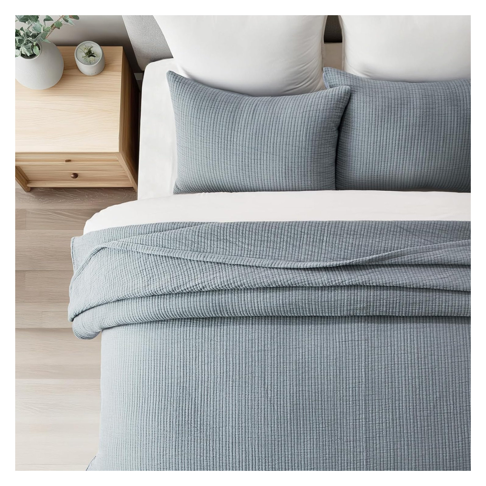 Solid Cotton Gauze Pick-stitch Matelesse Coverlet Bedspread set, King Quilt + 2 King Shams, Dusty Blue