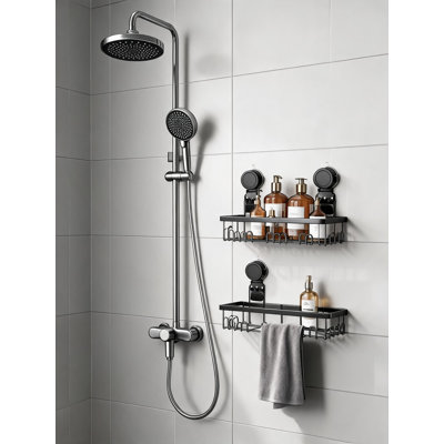 Tablette de douche à ventouse sans perçage, chariot de salle de bain en acier inoxydable noir avec porte-serviettes et crochets, organisateur mural antirouille avec ventouses robustes