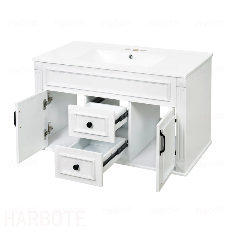 Armoire de salle de bain murale avec lavabo en céramique et tiroirs, meuble-lavabo simple de style français avec charnières à fermeture douce