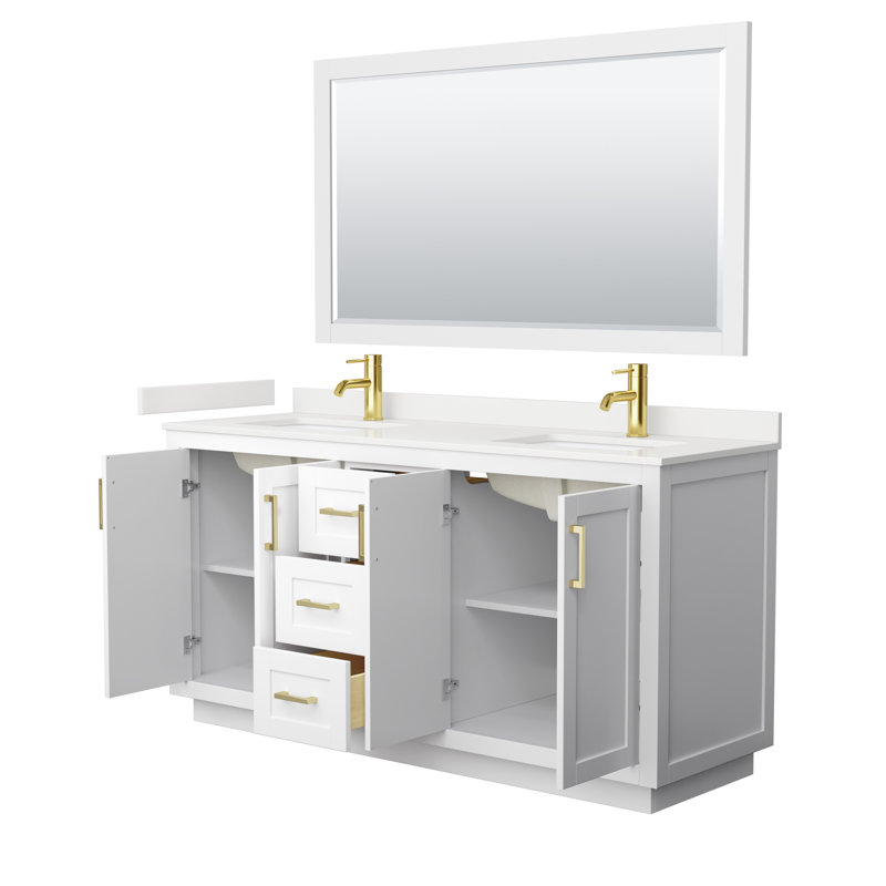 Ensemble de meuble-lavabo double autoportant 66 po avec plateau en quartz Miranda, Quartz blanc, Blanc, Or brossé