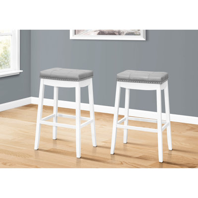 Of 2 Bar Stools, Bar-Height Saddle Seat Norm, White Wood Subsection, Grey Upholstery, Soft Biscuit Seats Appearance, , Cozy Cushioned