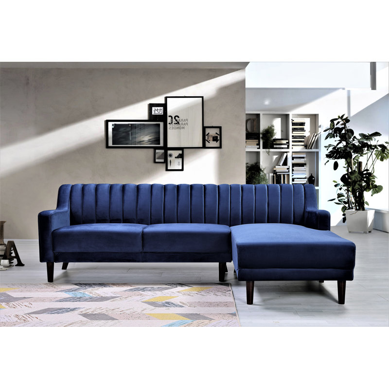 Chehalis Velvet L-Shaped Sectional, Dark Blue, Right Hand Facing