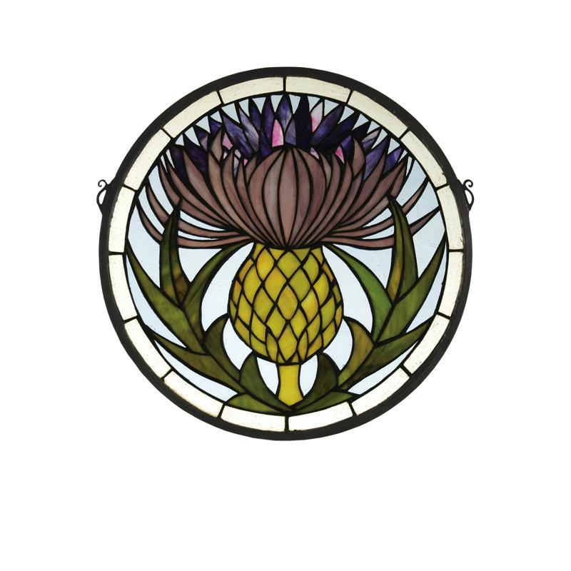 Handcrafted Art Nouveau Thistle Stained Glass Window Panel