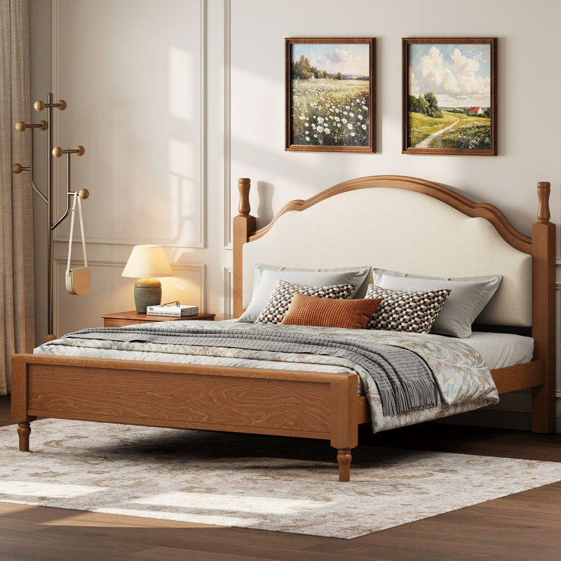 Grand lit plateforme en bois avec tête de lit tapissier, Queen, Beige/brun