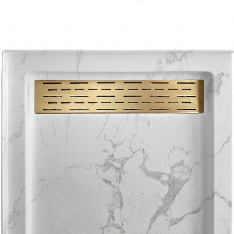  60"W x 32"D Rectangle Shower Base, Marble-Look Acrylic Shower Pan with Anti-slip Texture, Right, Brushed Gold