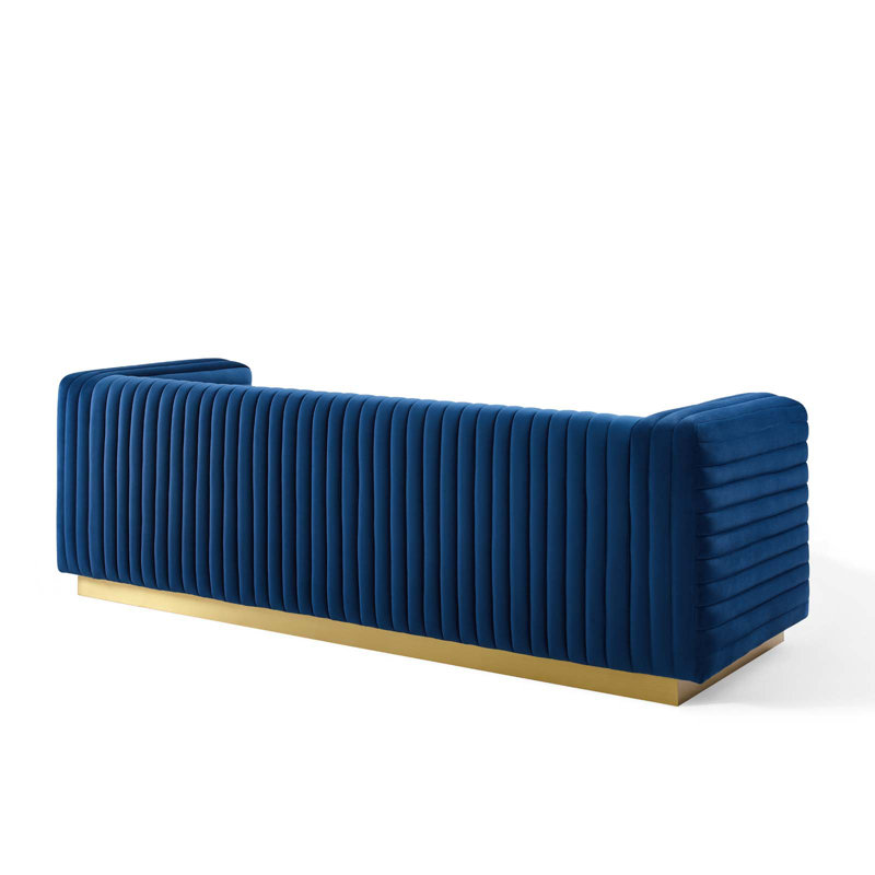 Navy Velvet Tufted Tuxedo Sofa with Gold Stainless Steel Base, 96.5"