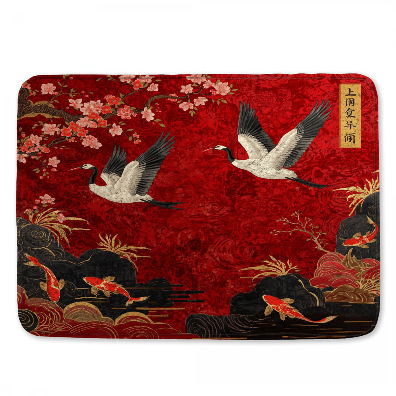 Cranes Cherry Blossoms Koi Bath Mat, 34in W x 21in L