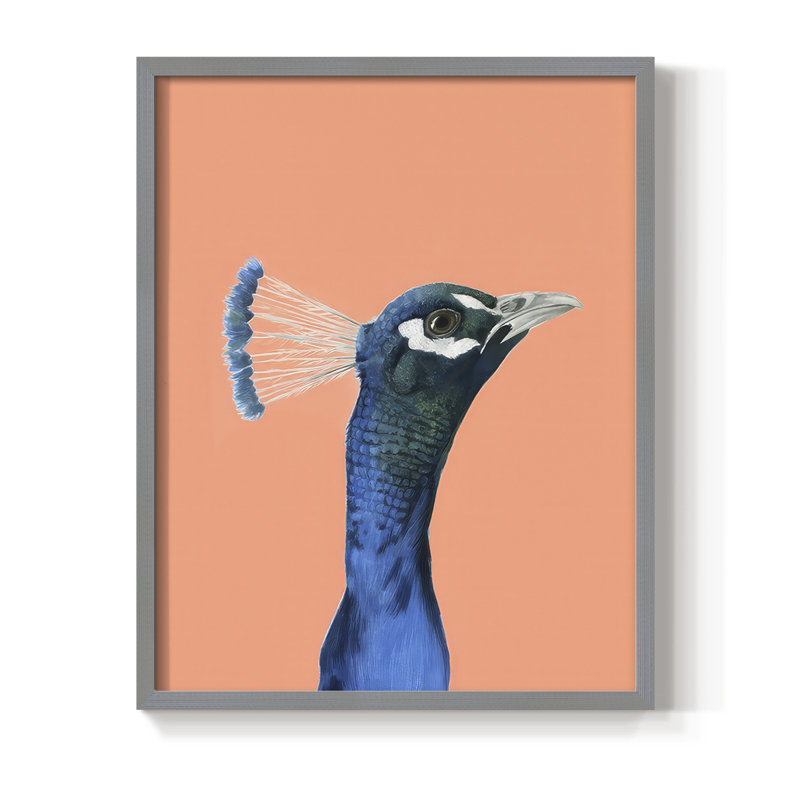 «Peach Peacock Portrait I», reproduction encadrée - bois massif, H 11 po x l 9 po, Gris
