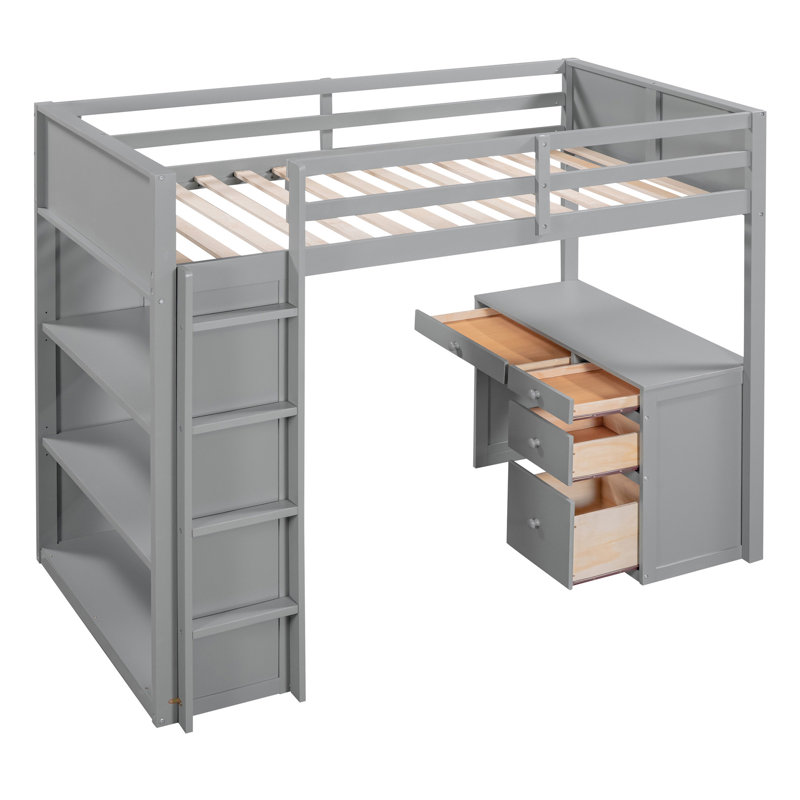 Lit mezzanine simple avec échelle, tablettes et bureau, Gris, Lit simple