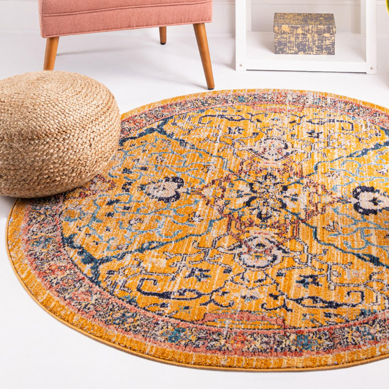 Tapis jaune / bleu / rouge Indigo, Rond 7 pi