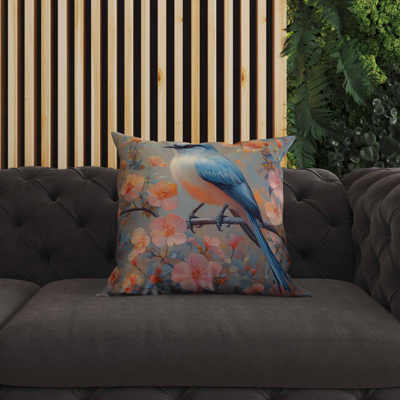 Coussin Floral, Bleu / Orange, Carré 16 po