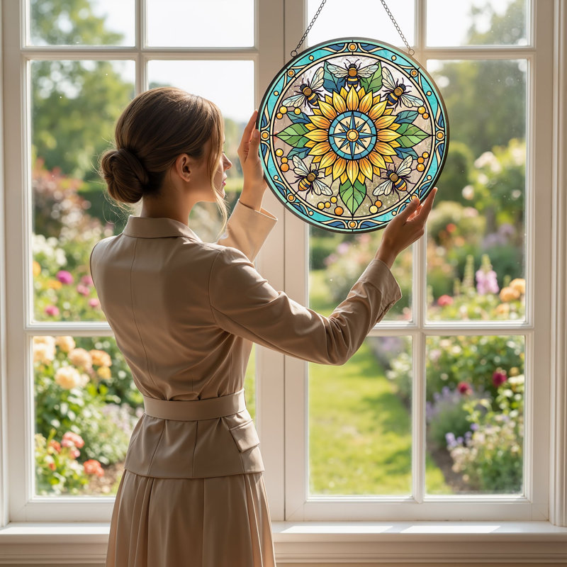 Panneau de vitrail Bee Sunflower, H 7,8 po