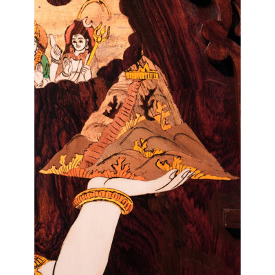 Panneau spirituel incrusté en bois 36 po Hindu Trinity & Hanuman 36 - Brahma, Vishnu, Shiva