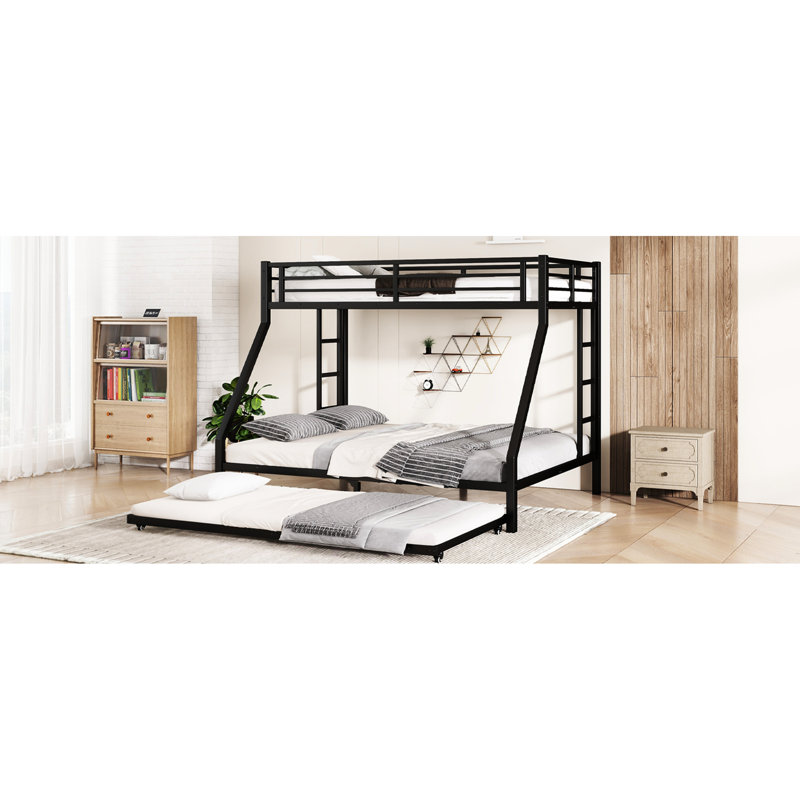 Lit superposé en métal simple TG au-dessus d'un grand lit double, lit gigogne inclus, structure solide, réduction du bruit, gestion efficace de l'espace, doubles échelles, barrières de sécurité noires avec - métal robuste, cycle d'utilisation longue durée,