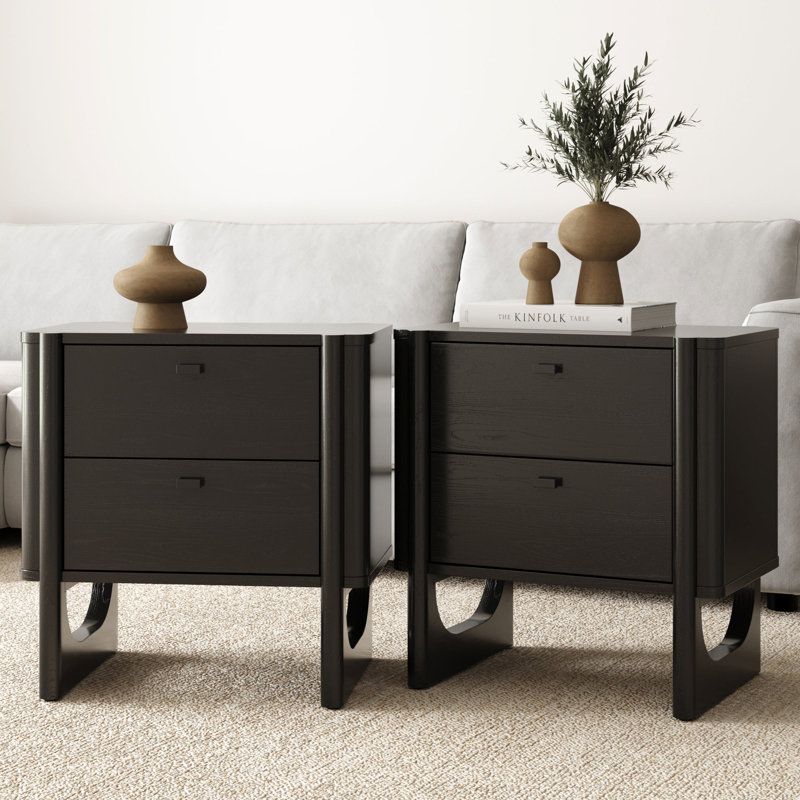 Rounded Wooden 2-Drawer Nightstand, Set of 2, Black Oak