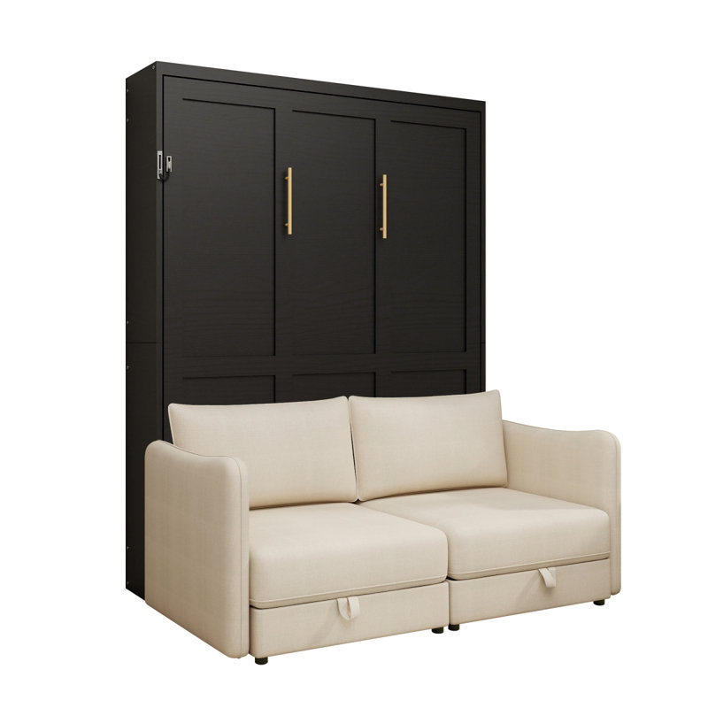 Canapé-lit escamotable facile à assembler, grand lit escamotable mural avec canapé pour le salon, structure de lit en métal gris, armoire noire, canapé beige