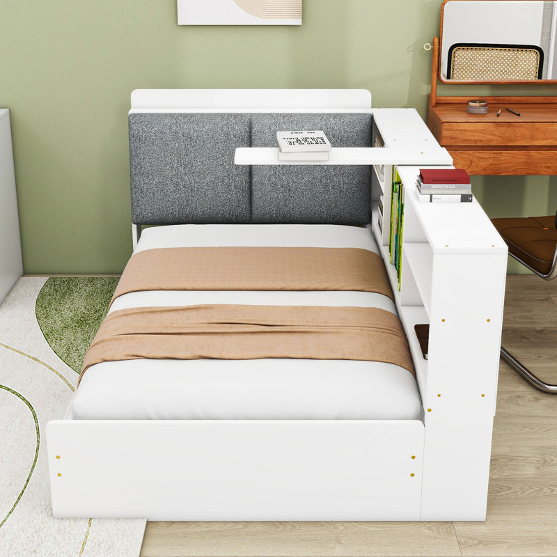 Lit plateforme simple en bois avec plateau de rangement rotatif, tiroirs et tablettes intégrées, Blanc