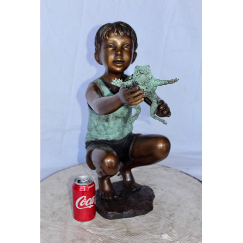 Euphoria Young boy holding a frog bronze statue fountain -  Size: 18"L x 10"W x 22"H.