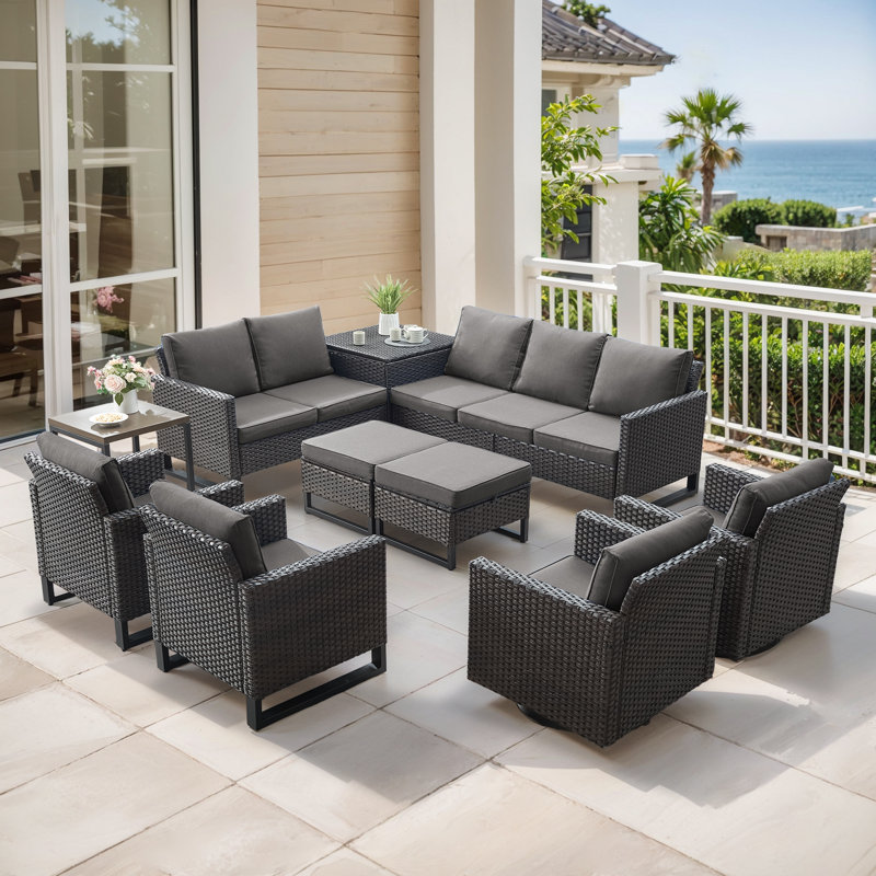 Ingvald 9-11 Person All-Weather Wicker Outdoor Conversation Set Seating Group With Swivel Chairs, Gray