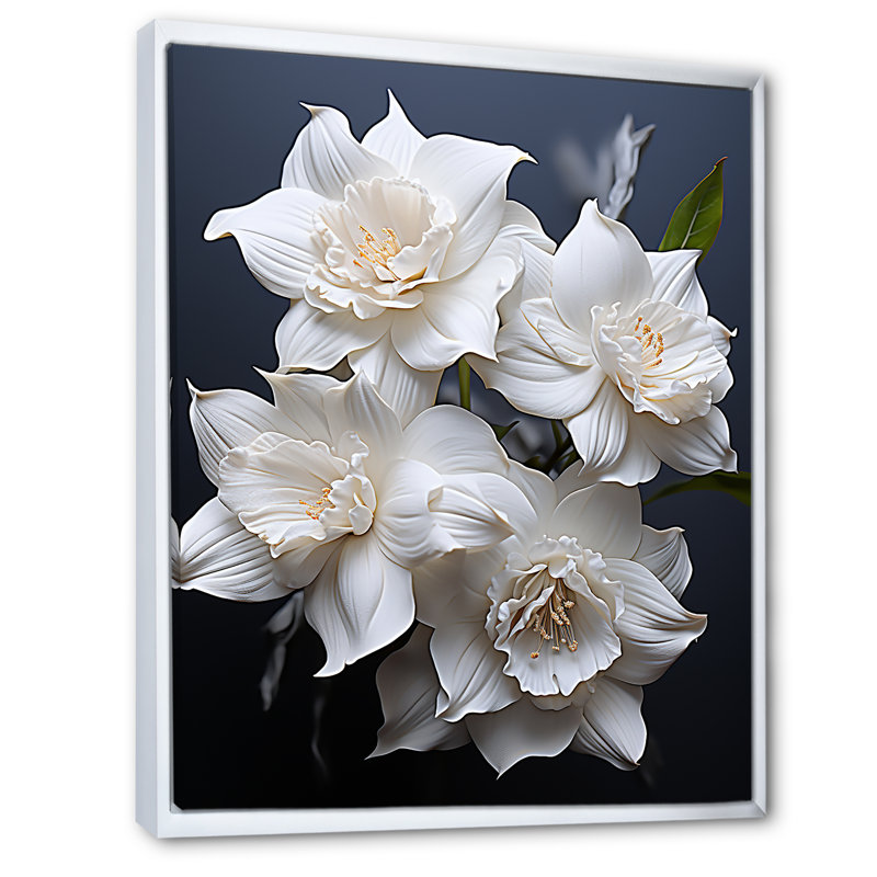 Jonquilles blanches sur toile, Cadre flottant blanc, H 20 po x l 12 po x P 1 po