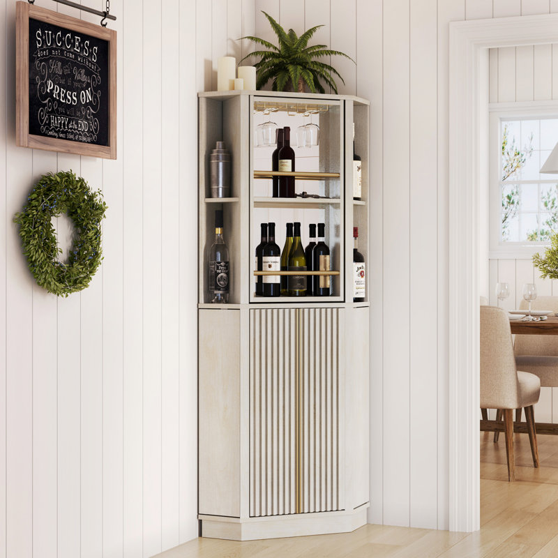 White Sand 68" Corner Bar Cabinet with Rotating Wine Rack