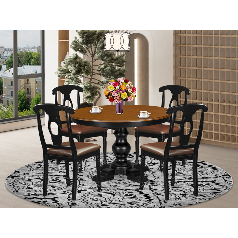 5 Piece Round Dining Table Set Consists of a Kitchen Table with Extension Leaf and Pedestal Legs, 4 PU Leather Kitchen Chairs, Napoleon Back, Black