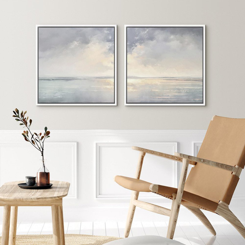 «Sunrise Over Ocean Calm Seascape Coastal Beach Decor», ensemble de 2 reproductions d'art sur toile encadrées