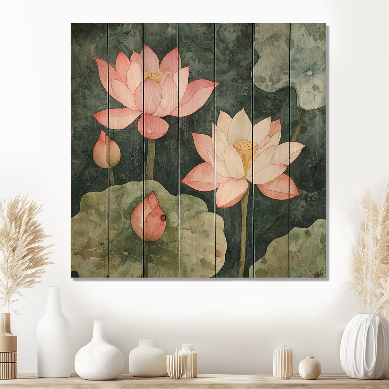Lis Lily Aura Of Lotus III - Décoration murale moderne en bois sur bois de pin naturel, H 30 po x l 30 po x P 0,78 po
