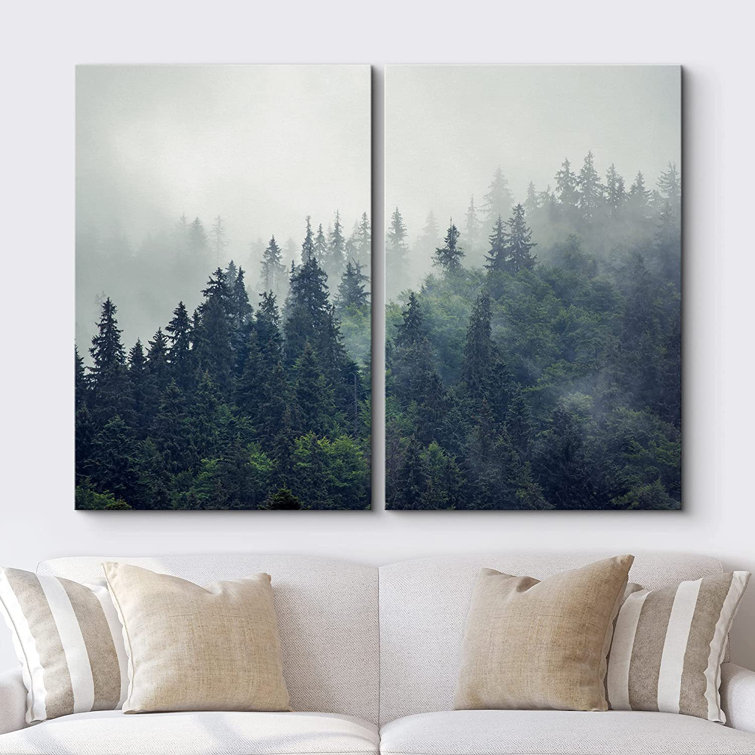 Designart Big Trees in Dark Foggy Forest - Landscape Photography Throw  Pillow - 12x20 