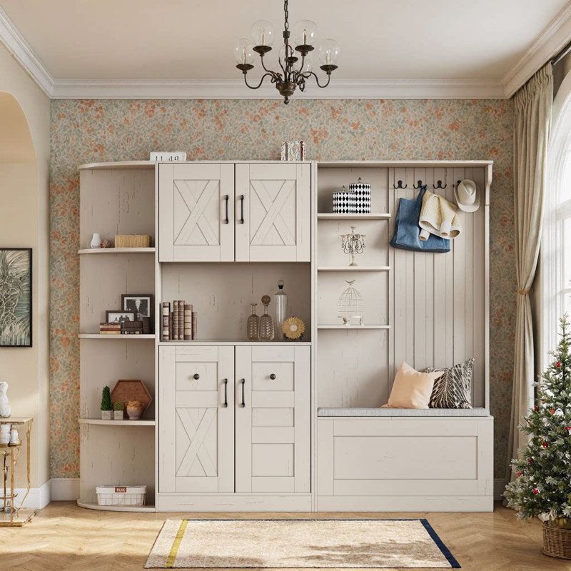 Armoire de vestibule multifonctionnelle 2-en-1 avec rangement et 4 crochets, Beige