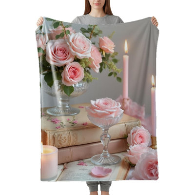 Jeté romantique à motif de bougie floral rose pastel, 60 x 80 po