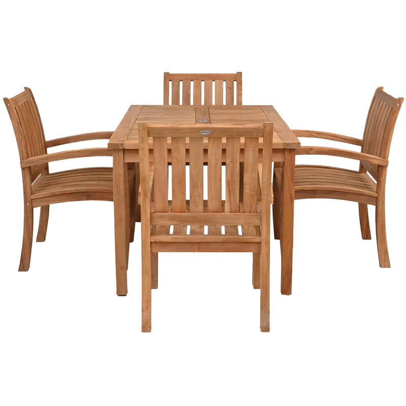 Teak Wood Bistro Dining Set Including Rectangular Table With Abacho Arm Chairs, 4