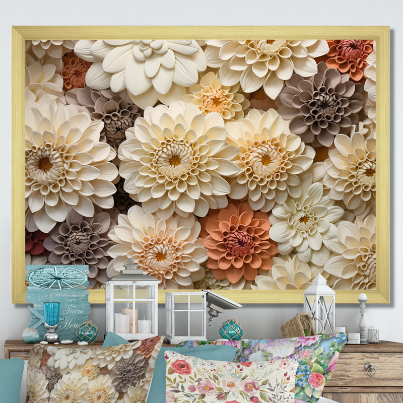 Minimalisme, fleurs de zinnias beiges sur toile, Cadre doré simple, H 24 po x l 32 po x P 1 po