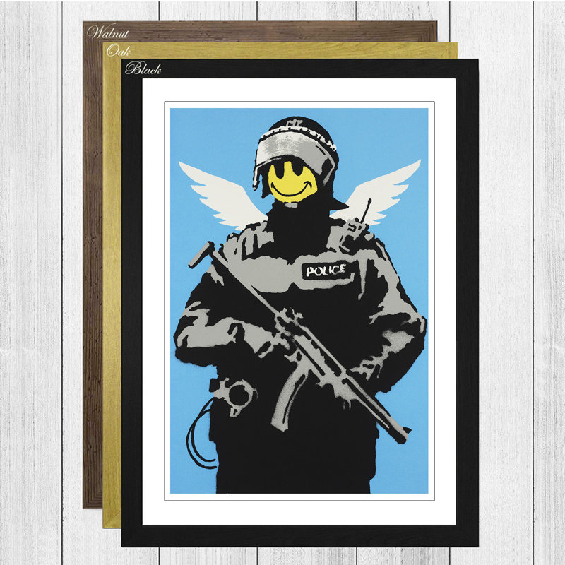 Smiley Copper Wall Graffiti by Banksy - Framed Print, Oak