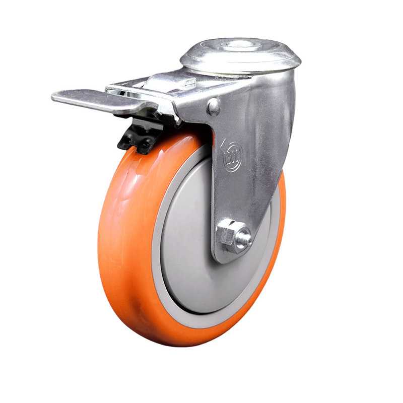 Roulettes de roue de trou de roue en polyuréthane orange 5 pouces avec frein à verrouillage total SCC