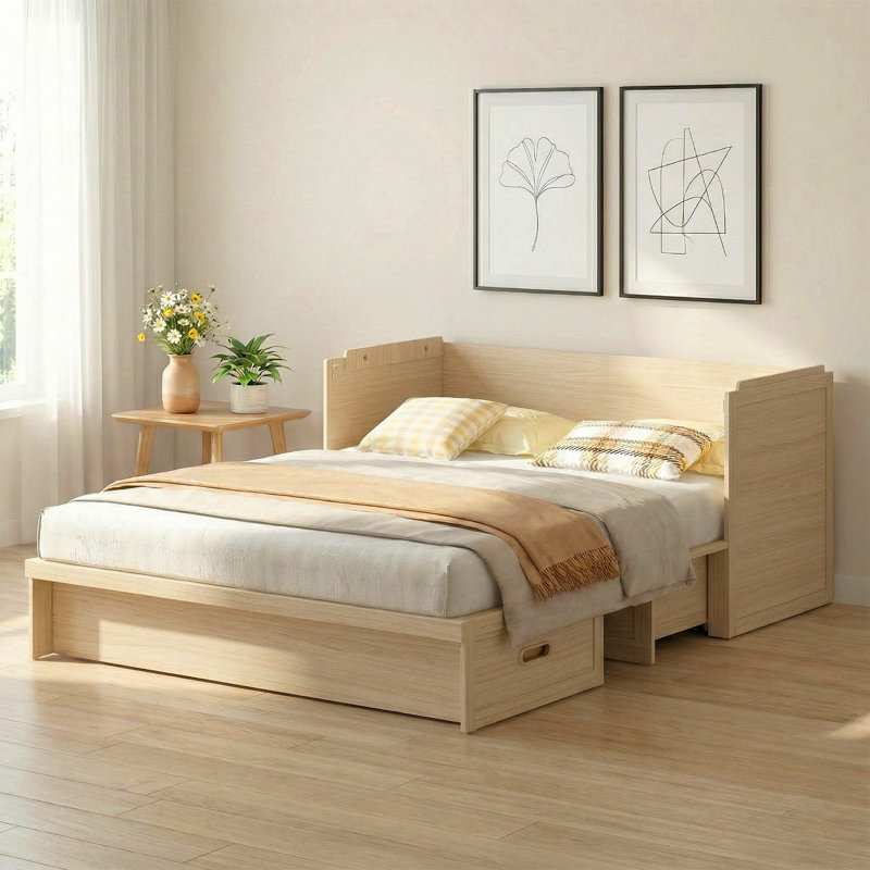 Grand lit escamotable de 63 po avec tiroirs de rangement, station de charge intégrée et matelas inclus, Naturel