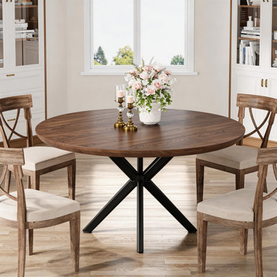 Table de salle à manger ronde avec plateau de 30 mm d'épaisseur aspect bois et pieds en métal noir, table de cuisine moderne pour 4 personnes