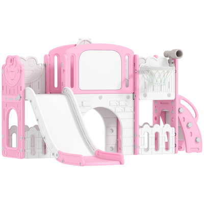 Glissoire pour tout-petits, glissade pour enfants 7 en 1 avec grimpeur, panier de basketball, rose